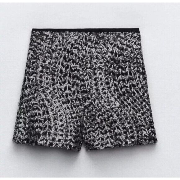 Zara Womens Sequin Shorts Size M Black Silver High Waist 8983/627 Blogger NWT - Picture 2 of 12